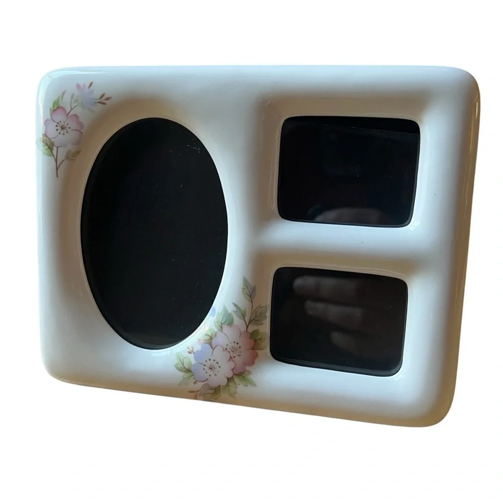 Vintage Floral White Ceramic 3 Photo Frame